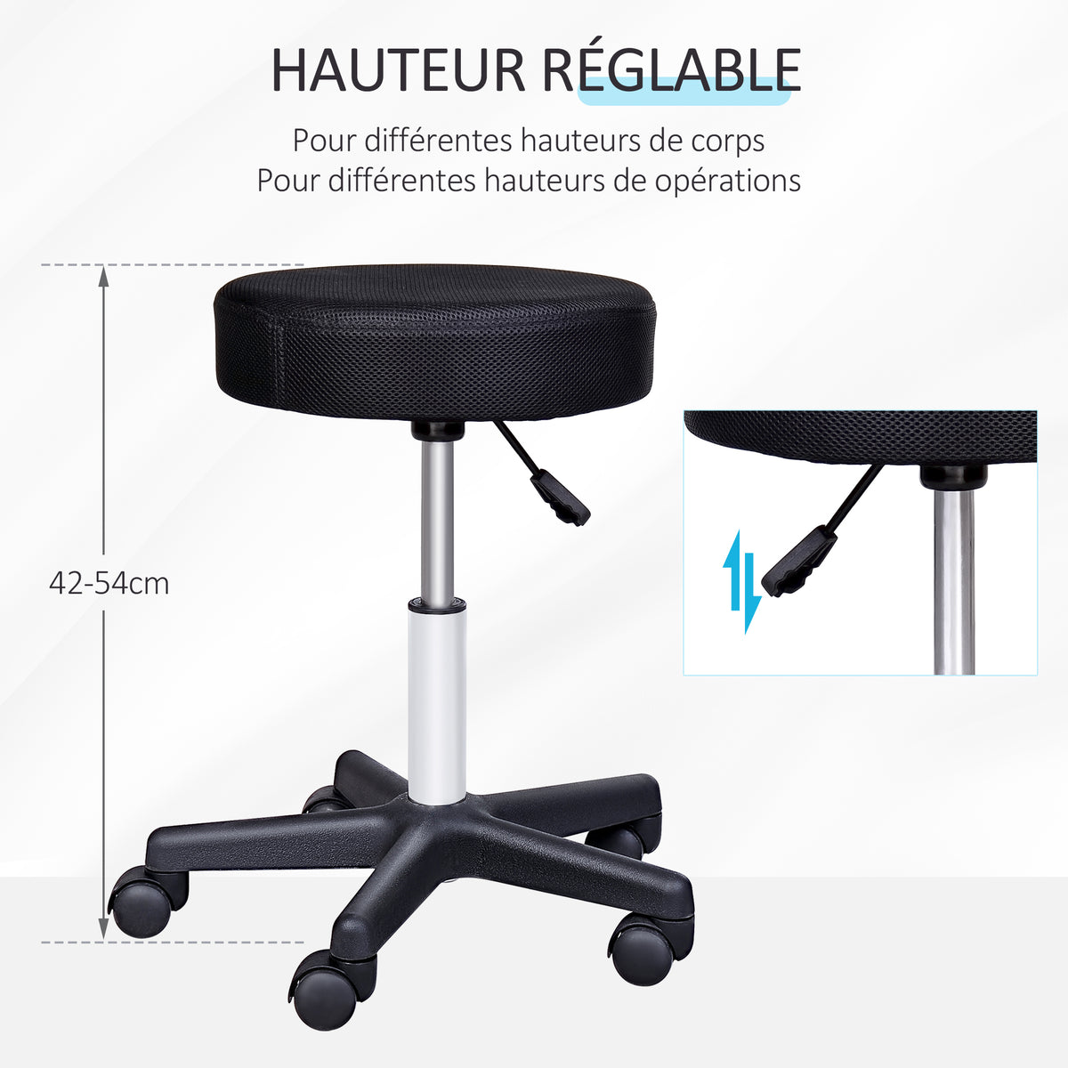 Tabouret massage a roulettes reglable en hauteur pivotant avec trois couleurs de housse de protection-3