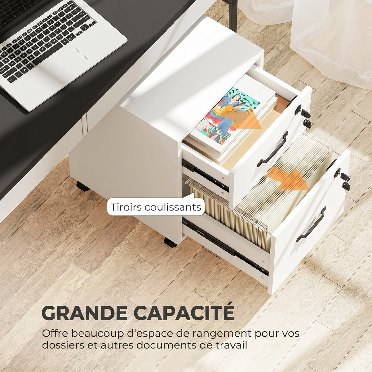 Caisson bureau mobile à 2 tiroirs, meuble rangement bureau sur roulettes pour documents suspendus format lettre, blanc-3