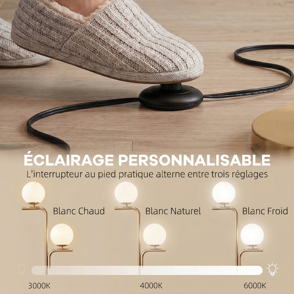 Lampadaire sur Pied Salon à Double Tête, Lampe sur Pied avec 3 Températures de Lumière, Abat-Jour en Verre, Doré-4