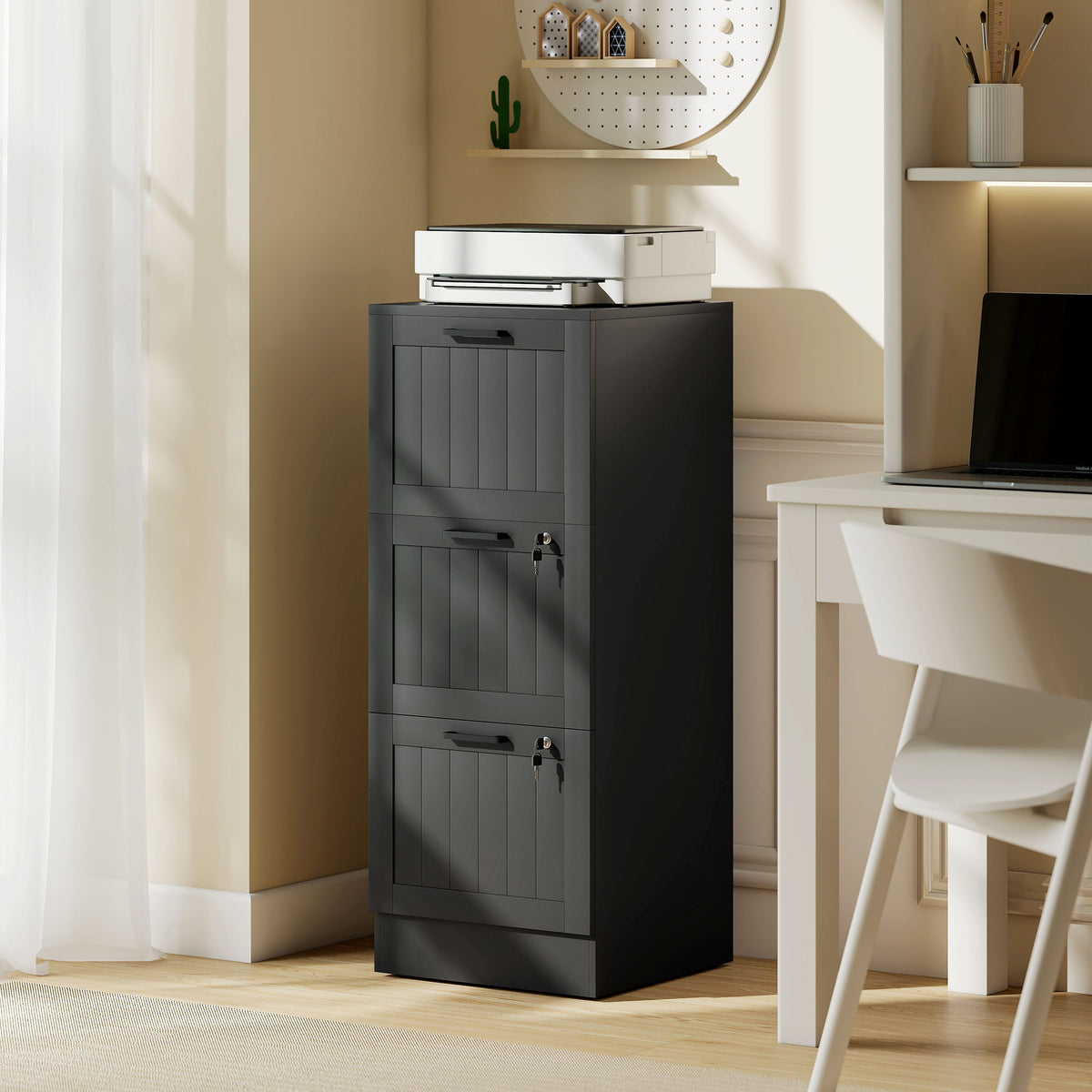 Caisson bureau, meuble rangement bois 3 tiroirs et serrure, barres de suspension réglables, 40 x 40 x 101 cm, noir-9