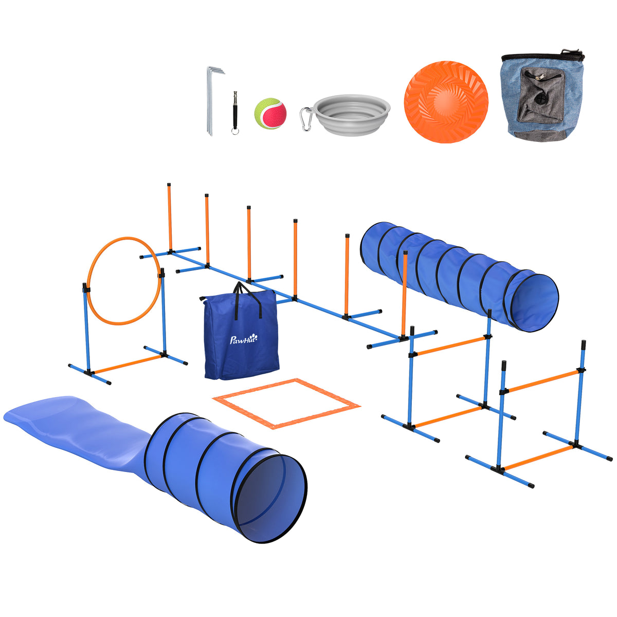 Ensemble d'Agilité pour Chien 11 Pièces, Parcours d'Obstacle avec 2 Tunnels, Sauts Ajustables, Orange et Bleu-0