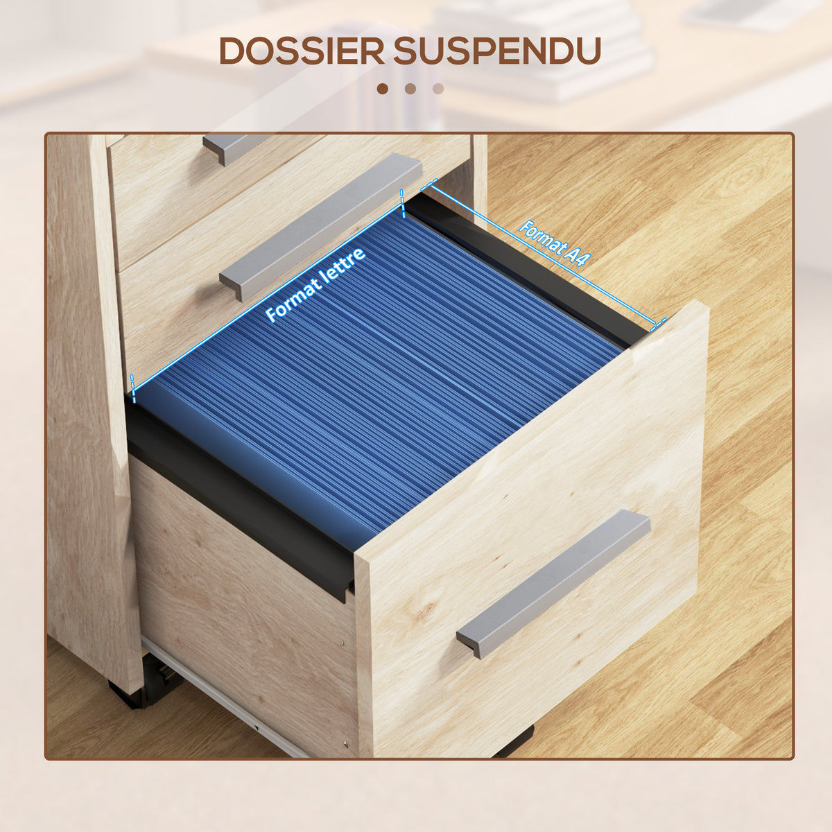 Caisson de bureau rangement bureau sur roulettes 3 tiroirs 1 verrouillable 1 trieur dossiers en bois beige-4