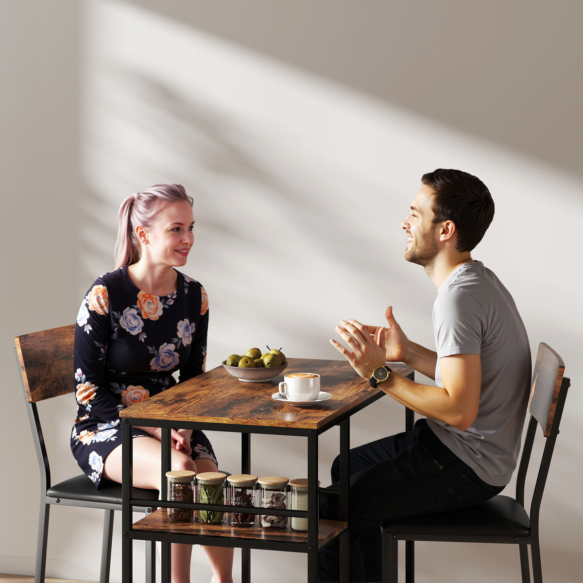 Ensemble Table de Bar avec 2 Tabourets, Table Haute de Cuisine et 2 Chaises de Bar Rembourrées PU, Brun Rustique-8