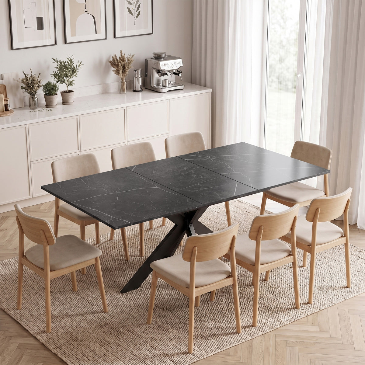 Table à Manger Extensible pour 4 à 8 Personnes, 120-160 cm, Plateau Effet Marbre, Pieds Croisés en Acier, Noir-1