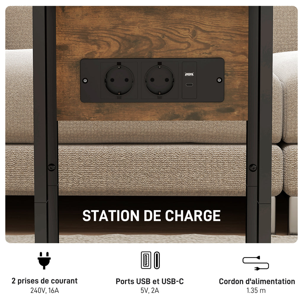 Table d'appoint bout de canapé avec station de charge, plateau pliable, 39 x 29 x 57 cm, brun rustique et noir-4