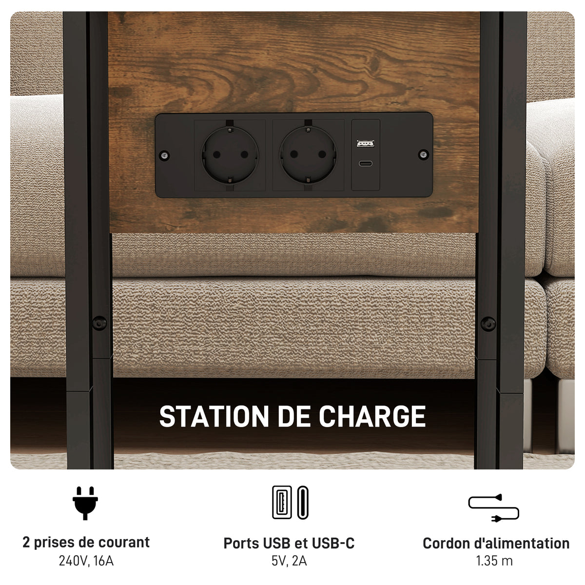 Table d'appoint bout de canapé avec station de charge, plateau pliable, 39 x 29 x 57 cm, brun rustique et noir-4