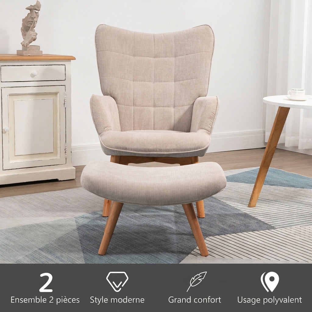 Fauteuil avec repose pied, dossier haut, pieds en bois et tissu aspect velours côtelé, pour salon chambre à coucher beige-5