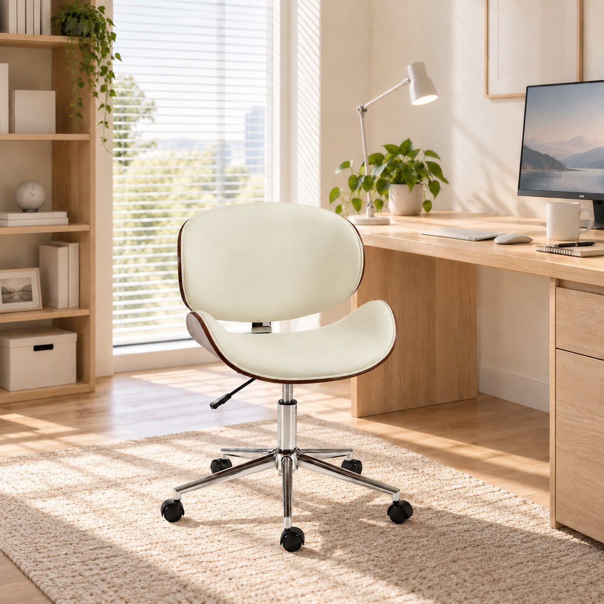 Chaise de Bureau Design Vintage, Hauteur Réglable, Pivotant 360°, Revêtement Synthétique, 53x53x87cm, Crème-1