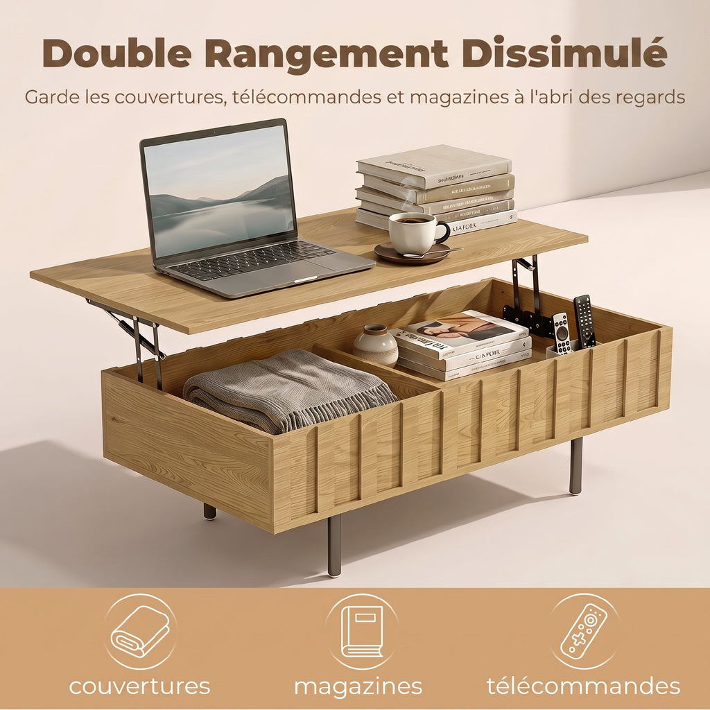 Table Basse Relevable avec 2 Compartiments Cachés et Latéraux Cannelés, Style Mid-Century Modern, 110x55x36,5cm, Chêne-4