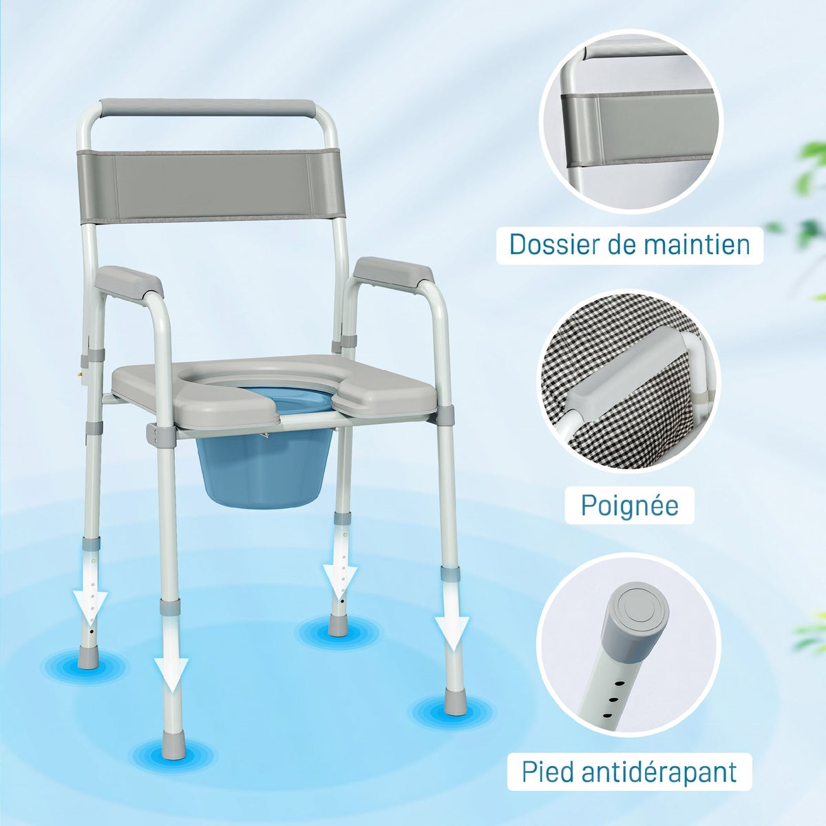Chaise percée toilette pliable antidérapante hauteur réglable, siège et accoudoirs rembourrés, charge 150 kg, Gris-6