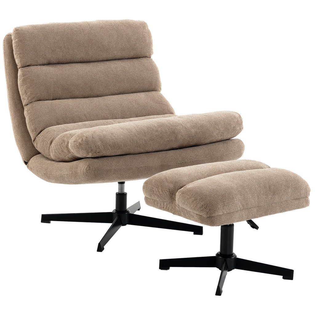 Fauteuil de Salon avec Repose-Pied Réglable, Rotation 360°, Fauteuil d'Appoint Capitonné en Lin, Assise Large, Marron-0