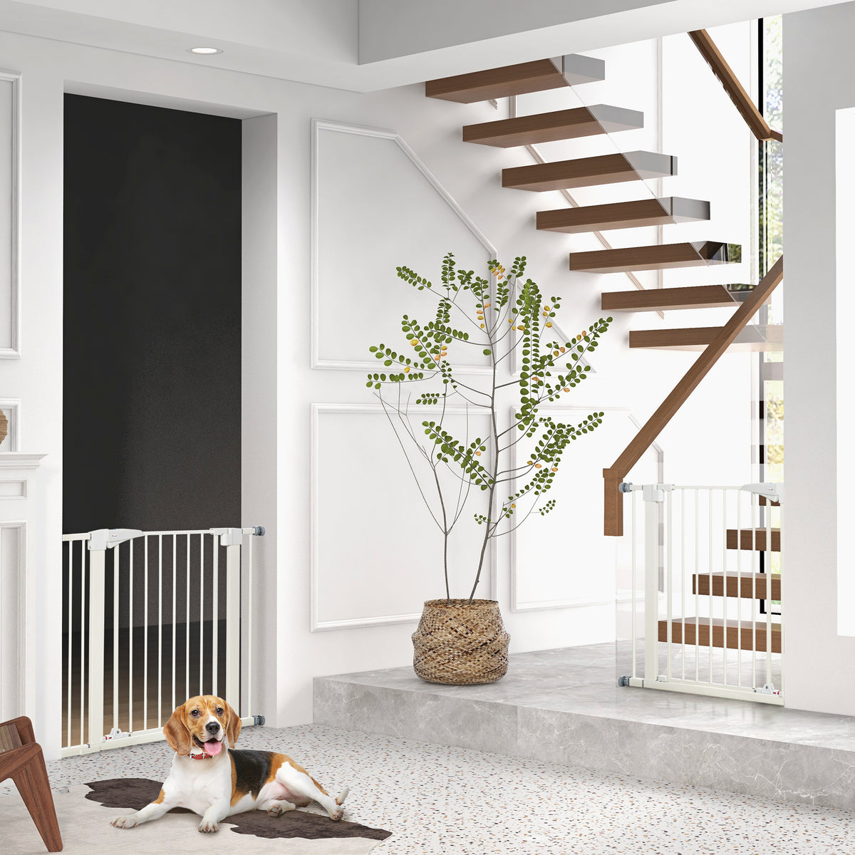 Lot de 2 barrières de sécurité pour chien animaux sans perçage avec fermeture automatique largeur 76-103 cm blanc-9