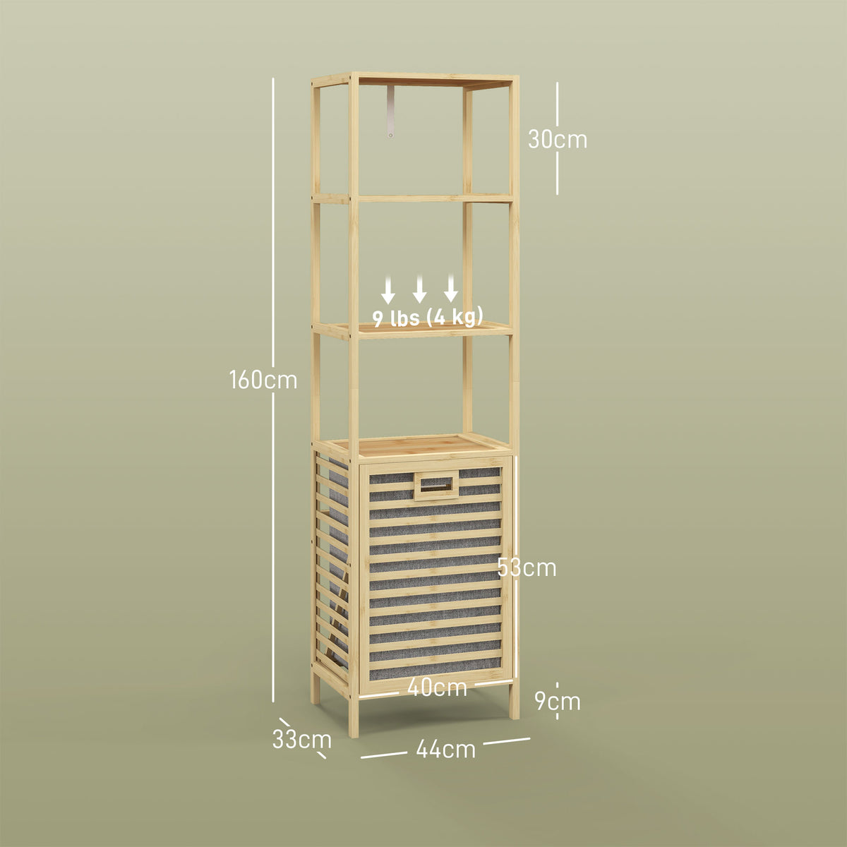 Etagère de rangement pour salle de bain en bambou avec 3 étagères et 1 panier à linge amovible 44L x 33l x 160H cm-2