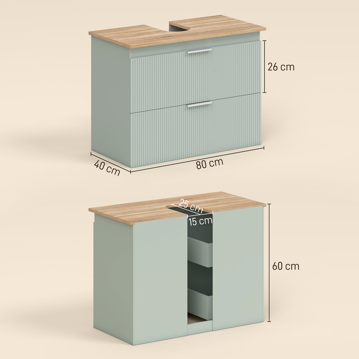 Meuble sous lavabo, meuble de salle de bain avec 2 tiroirs, style moderne, 80 x 40 x 60 cm, vert et bois naturel-2