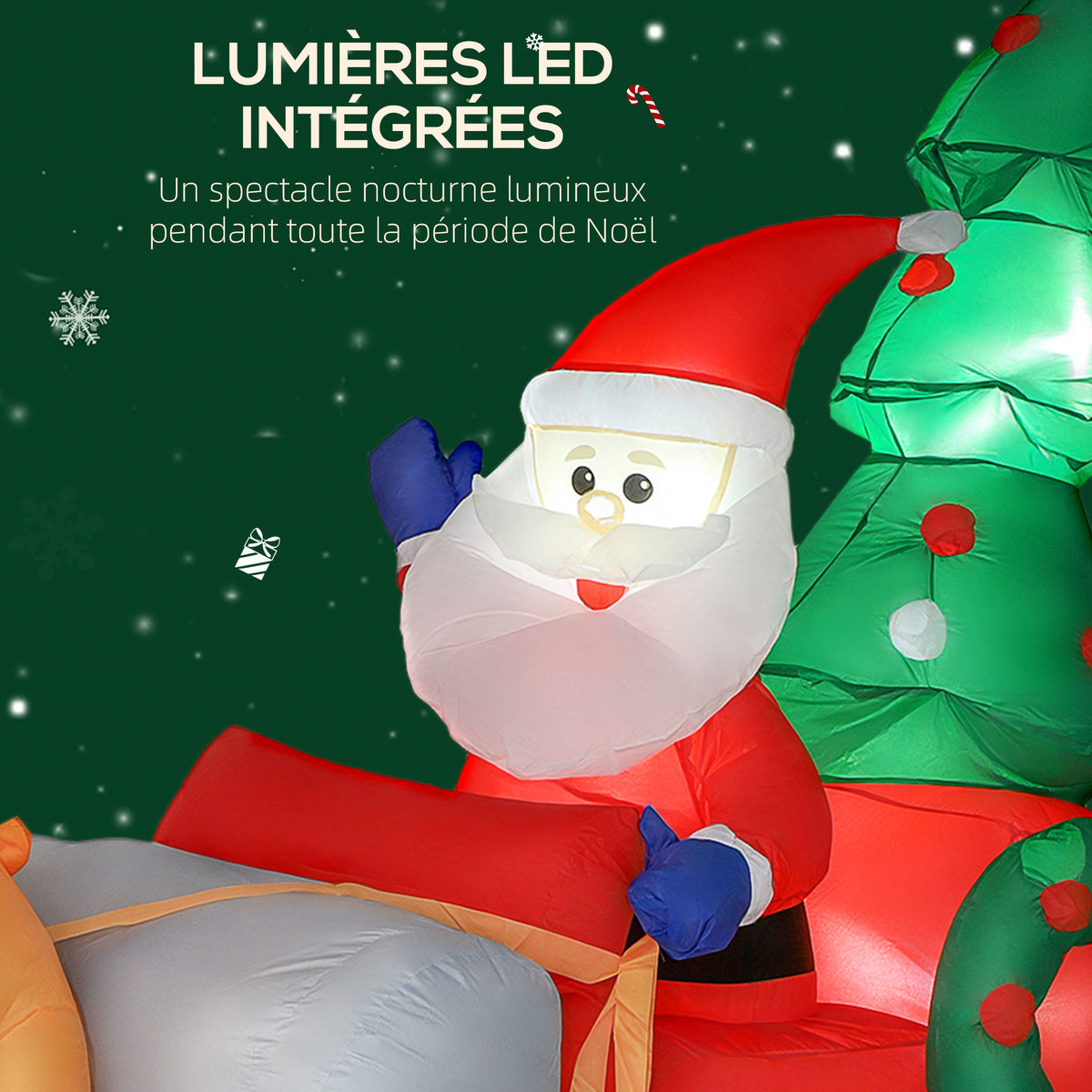 Père Noël gonflable de 2,1 m sur traîneau avec deux rennes, décoration de Noël gonflable avec lumières LED intégrées-3