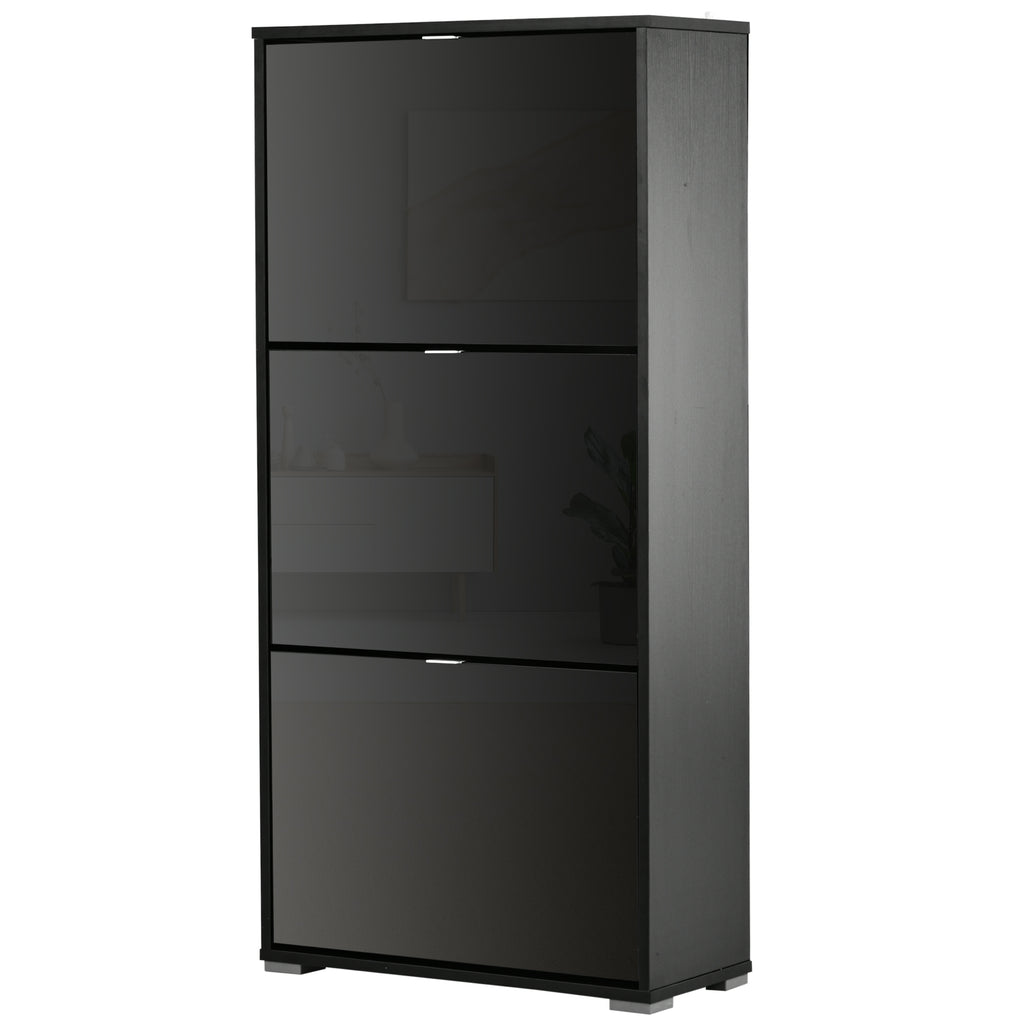 Meuble à Chaussures Armoire à chaussures 3 Portes abattantes 3 Compartiments en bois 60L x 26I x 124H cm Noir-0