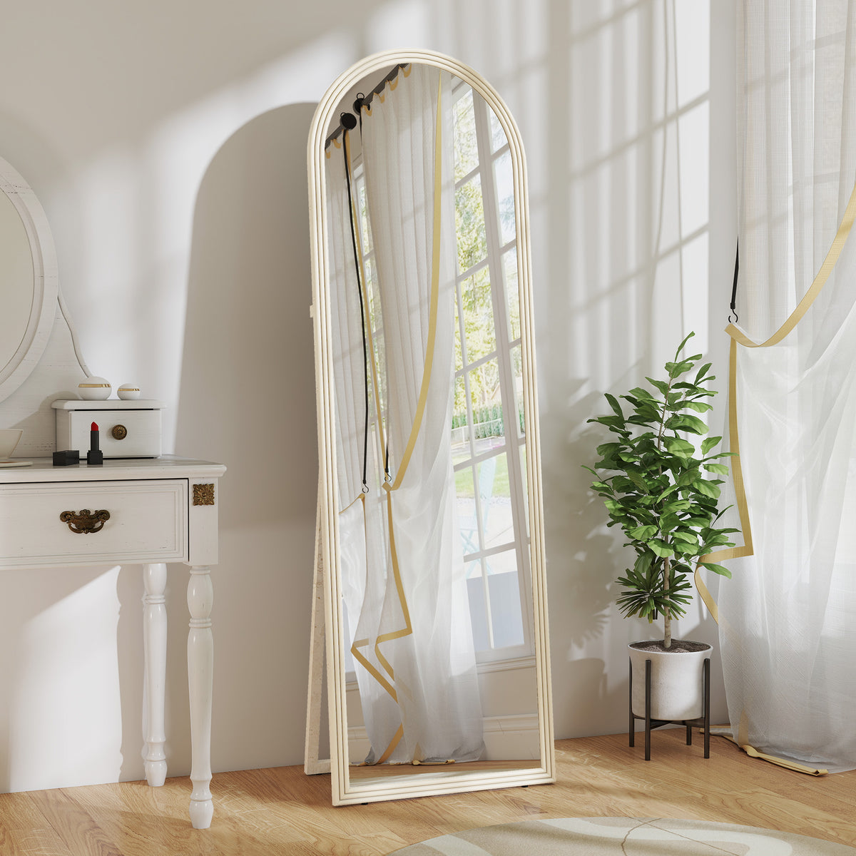 Miroir de sol arqué pleine longueur miroir sur pied cadre en effet imitation pierre pour salon chambre 50 x 160 cm blanc-1