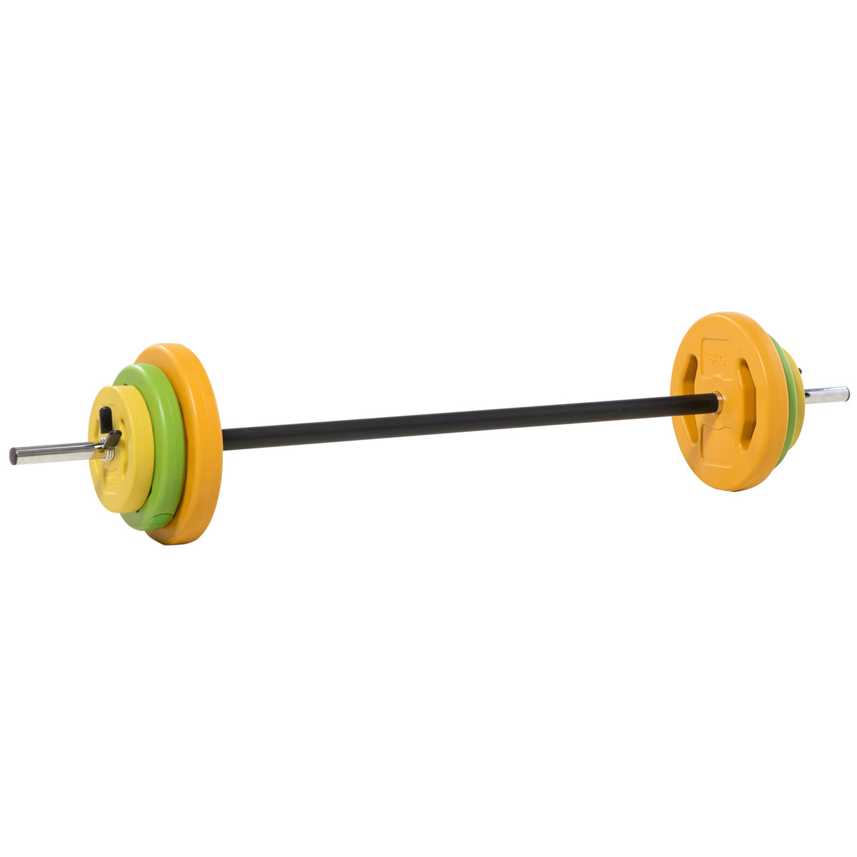 Ensemble haltères et barre 20 kg avec 6 haltères disques de 1,5 kg, 2,5 kg et 5 kg gym musculation orange vert et jaune-0