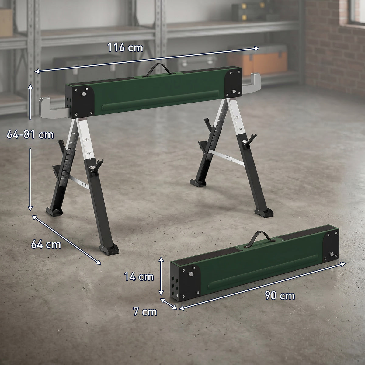 lot de 2 tréteaux pliables en métal, charge max 1160 kg, hauteur réglable 64-81cm, poignée de transport, vert-2