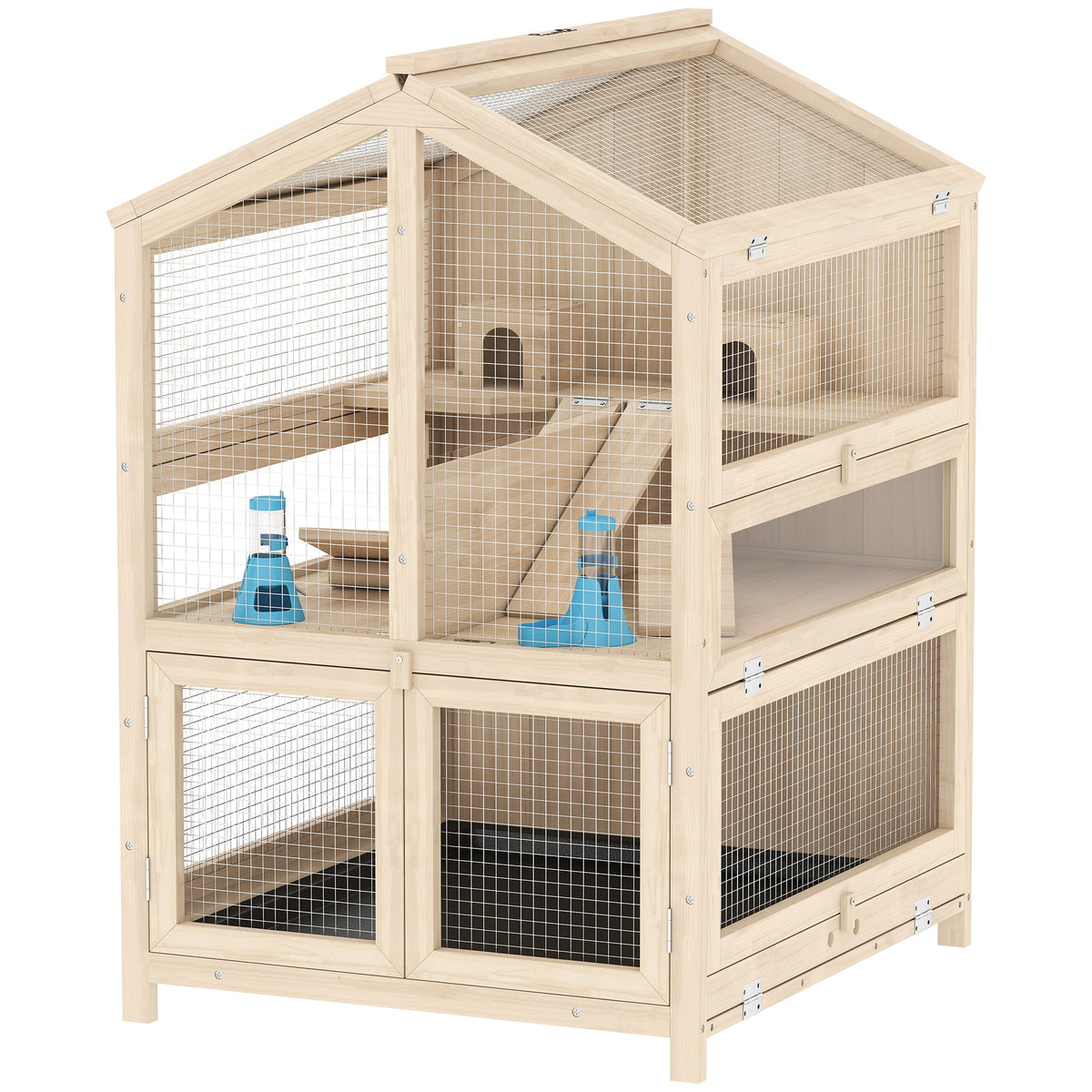 Cage Hamster 3 Étages en Bois avec Bac Amovible, Couvercle Ouvrant, Bascule, Cabane, Fenêtre, 68x61,5x90cm, Naturel-0