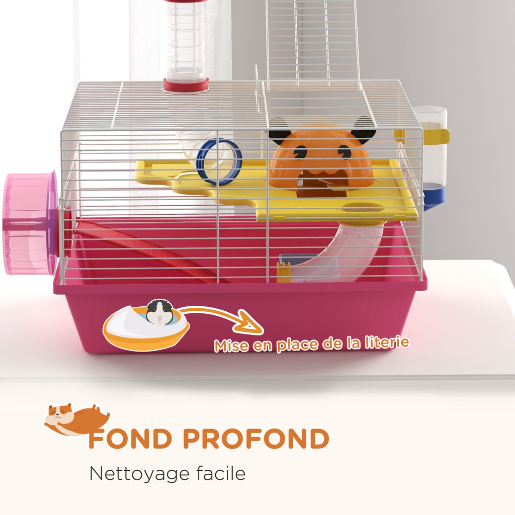 Cage à hamster rat rongeur multicolore avec plateforme, biberon eau, roue, maisonnette, 34 x 27 x 25 cm, rose-5