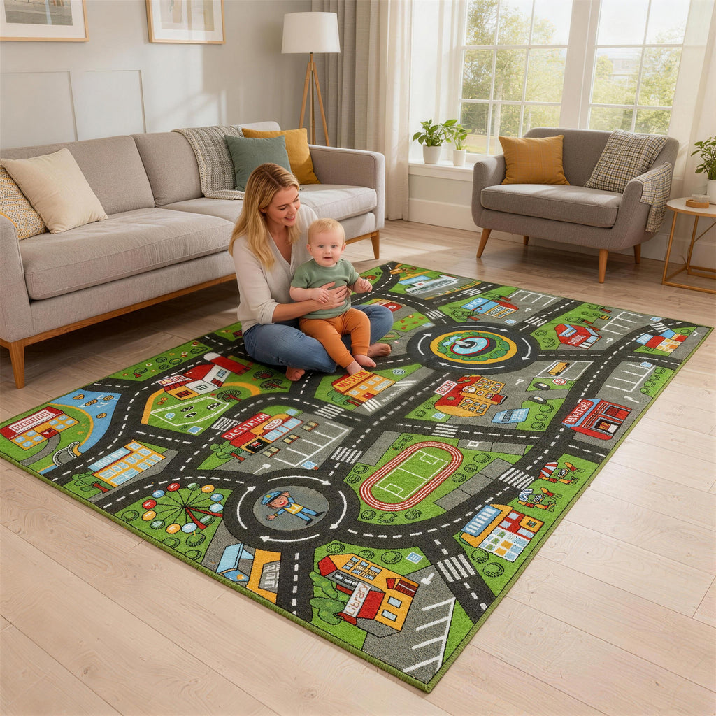 Tapis de jeu pour bébé, tapis de sol antidérapant, motif de route de la ville, 200 x 150 cm, multicolore-9