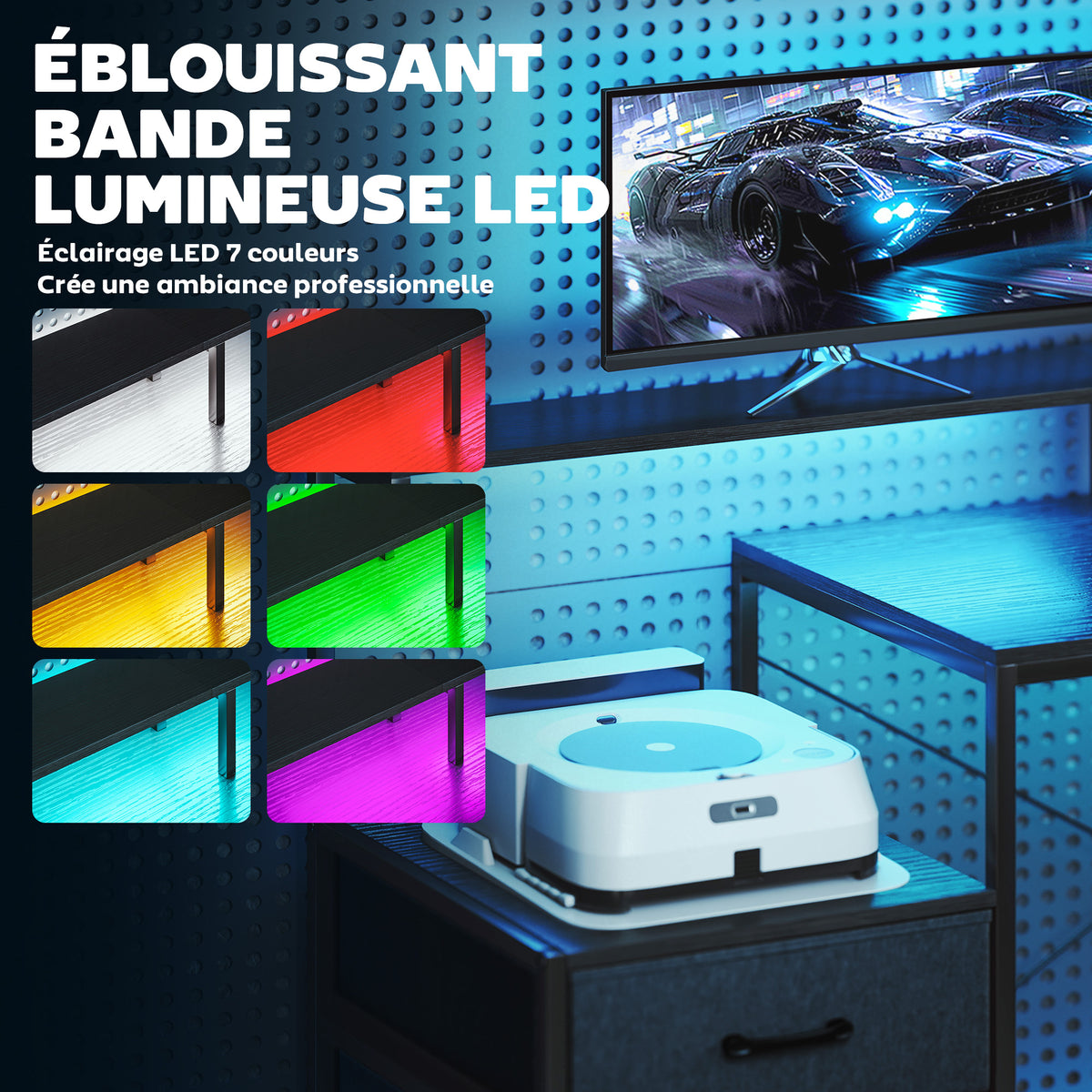 Bureau Gaming d'Angle 165 x 80 cm, Éclairage LED et Station de Charge, Support pour 2 Écrans et 2 Tiroirs en Tissu, Noir-3