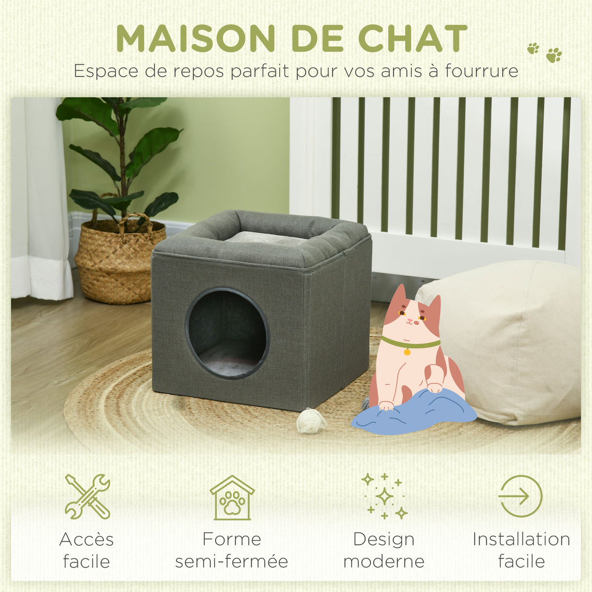 Maison niche pour chat 2 niveaux avec coussin moelleux en peluche - 36,5 x 36,5 x 33 cm gris-6