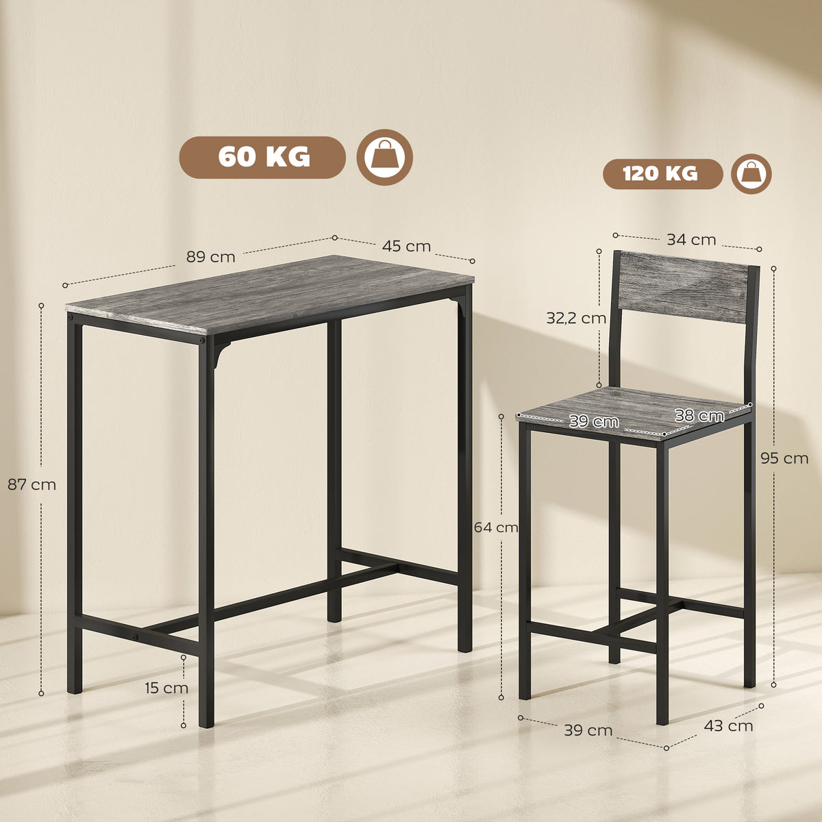 Ensemble table de bar avec tabourets, table à manger debout avec 2 chaises de bar, repose-pieds et dossiers, gris-2