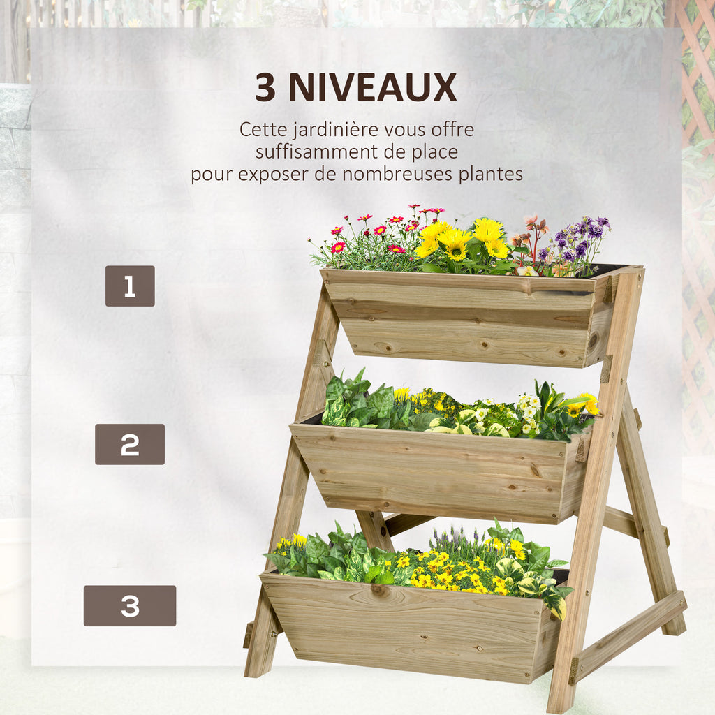 Jardinière sur Pieds carré Potager 3 étages 71L x 61l x 77H cm Inserts d'irrigation Feutre de Drainage Bois-3