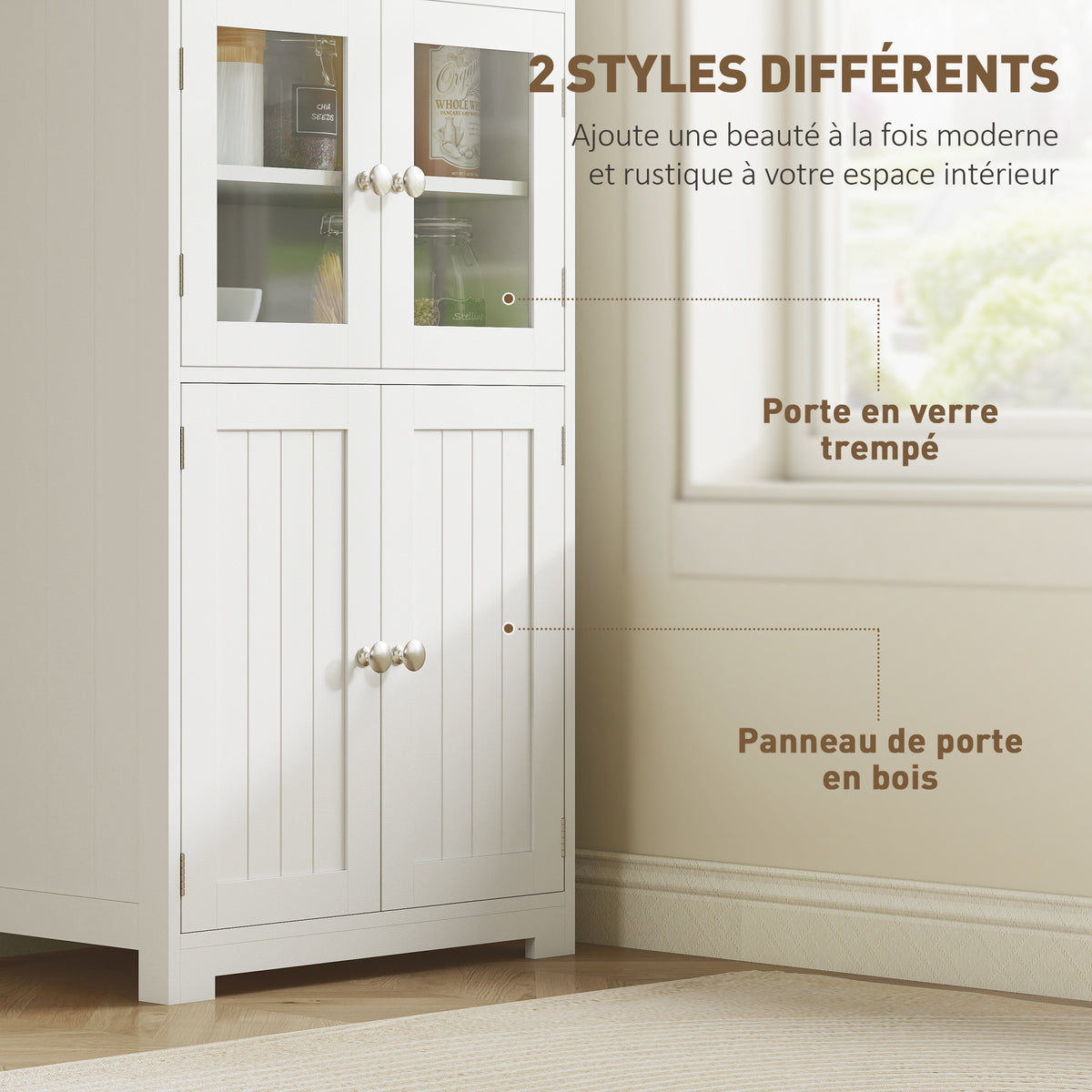 Armoire de cuisine buffet cuisine vaisselier meuble de rangement avec 2 niches, 2 placards avec 4 portes dont 2 portes vitrées, étagère réglable - dim. 60I x 30P x 162H cm blanc-4
