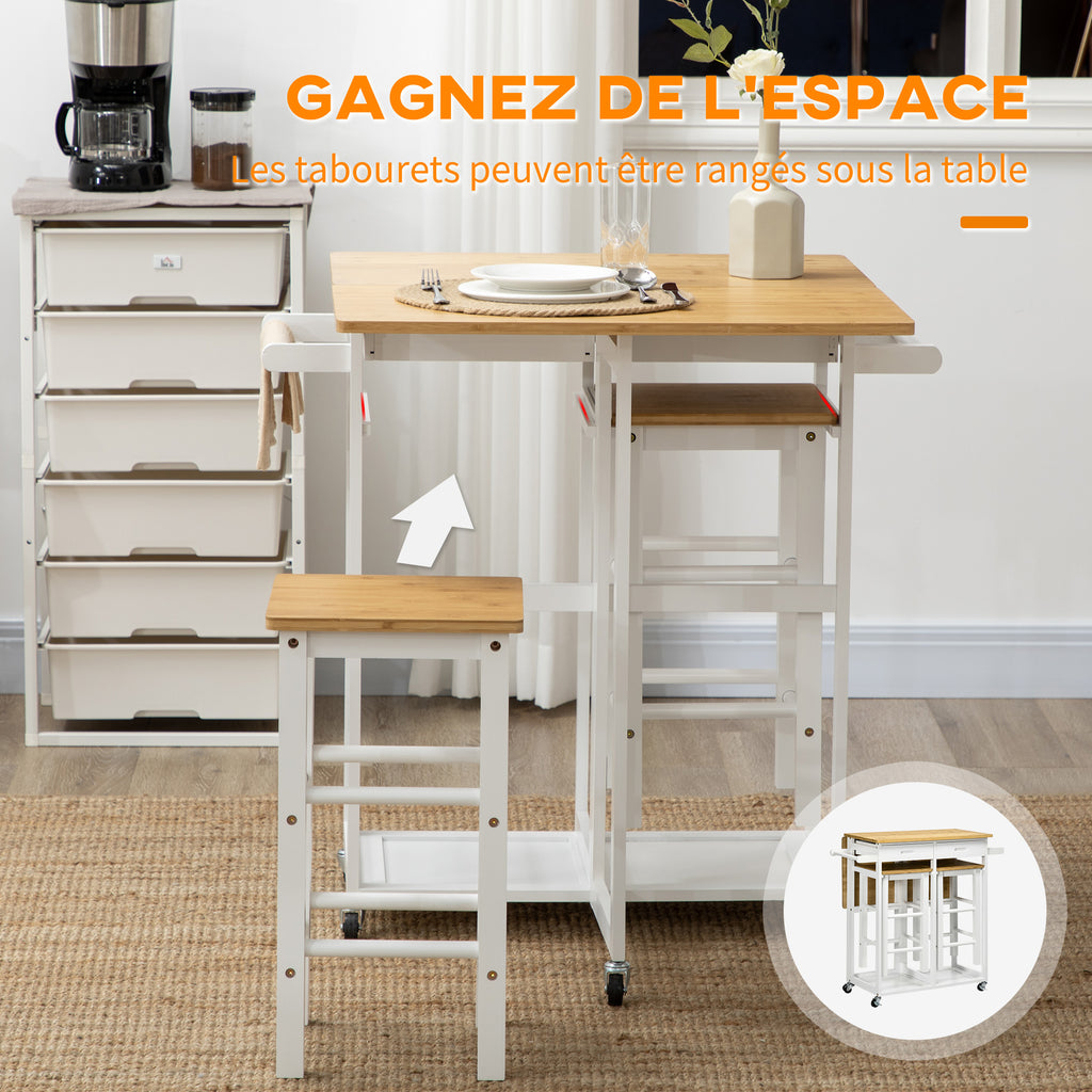 Ensemble table de bar pliable roulettes + 2 tabourets blanc et bois clair - 2 tiroirs et porte-torchons-6