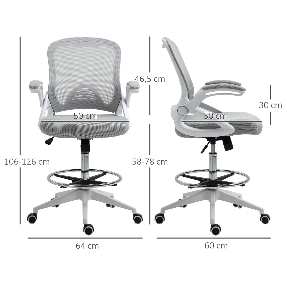 Lot de 2 fauteuils de bureau chaise de bureau assise haute réglable dim. 64L x 60l x 106-126H cm pivotant 360° maille-2