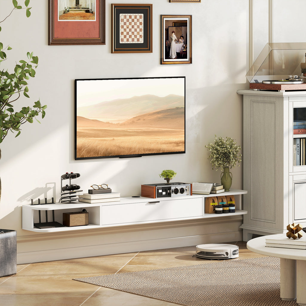 Meuble TV Suspendu, Meuble Télé pour Téléviseur jusqu'à 75 Pouces, Tiroir Rabattable, 2 Étagères, 180x24x16cm, Blanc-9