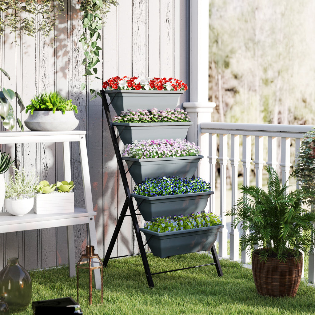 Jardinière surélevée avec étages jardinière verticale avec 5 bacs à fleurs trous de drainage cadre en acier gris-9