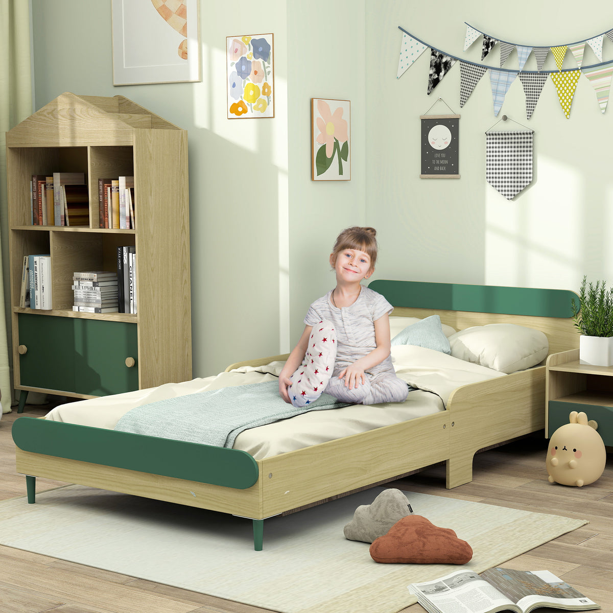 Lit pour enfant lit au sol enfant de 3 à 10 ans avec barrière de sécurité, sommier à lattes inclus, vert-1