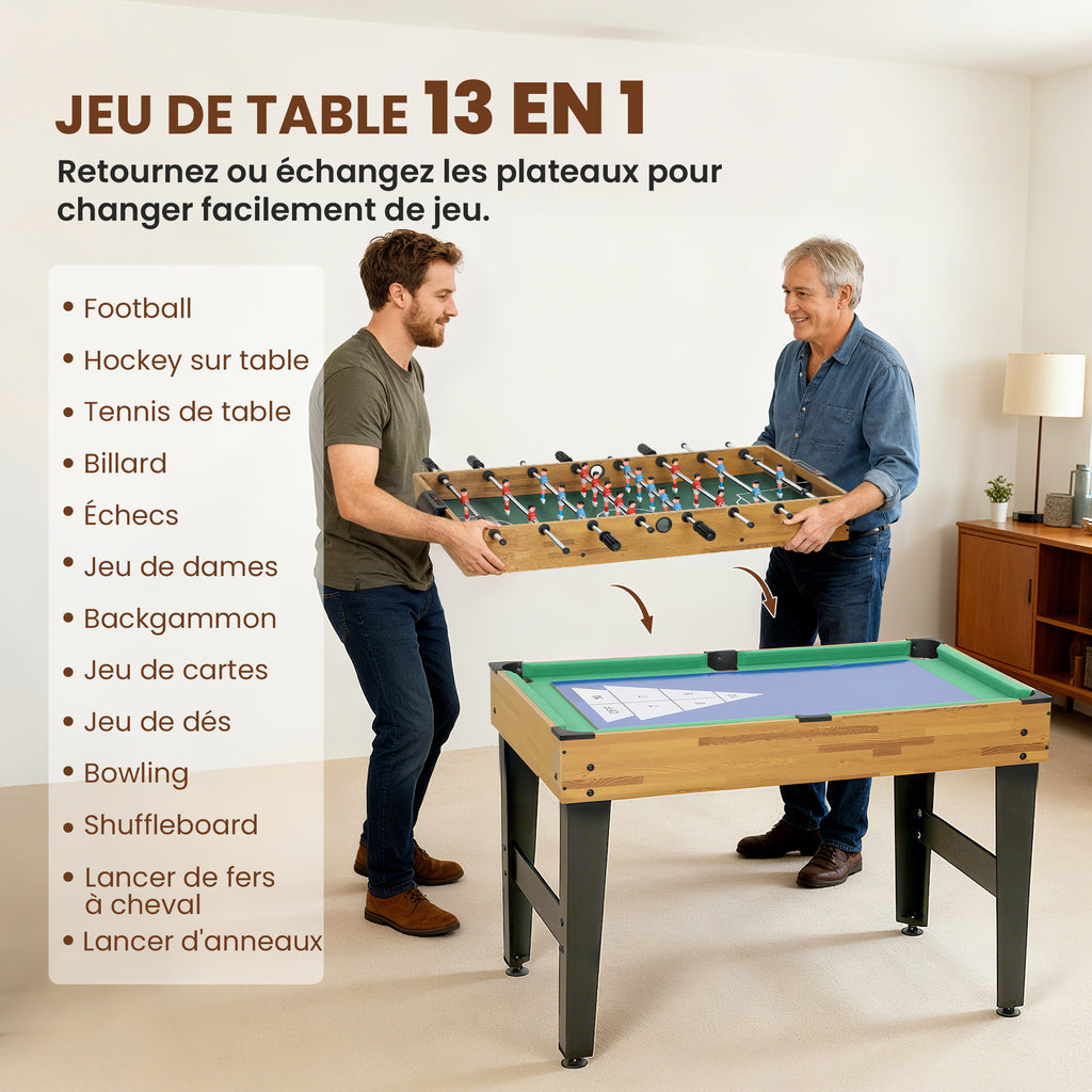 Table multijeux 13 en 1, table de jeu baby-foot, billard, ping-pong, 121x109x80cm, pour enfants et adultes, noyer clair-3