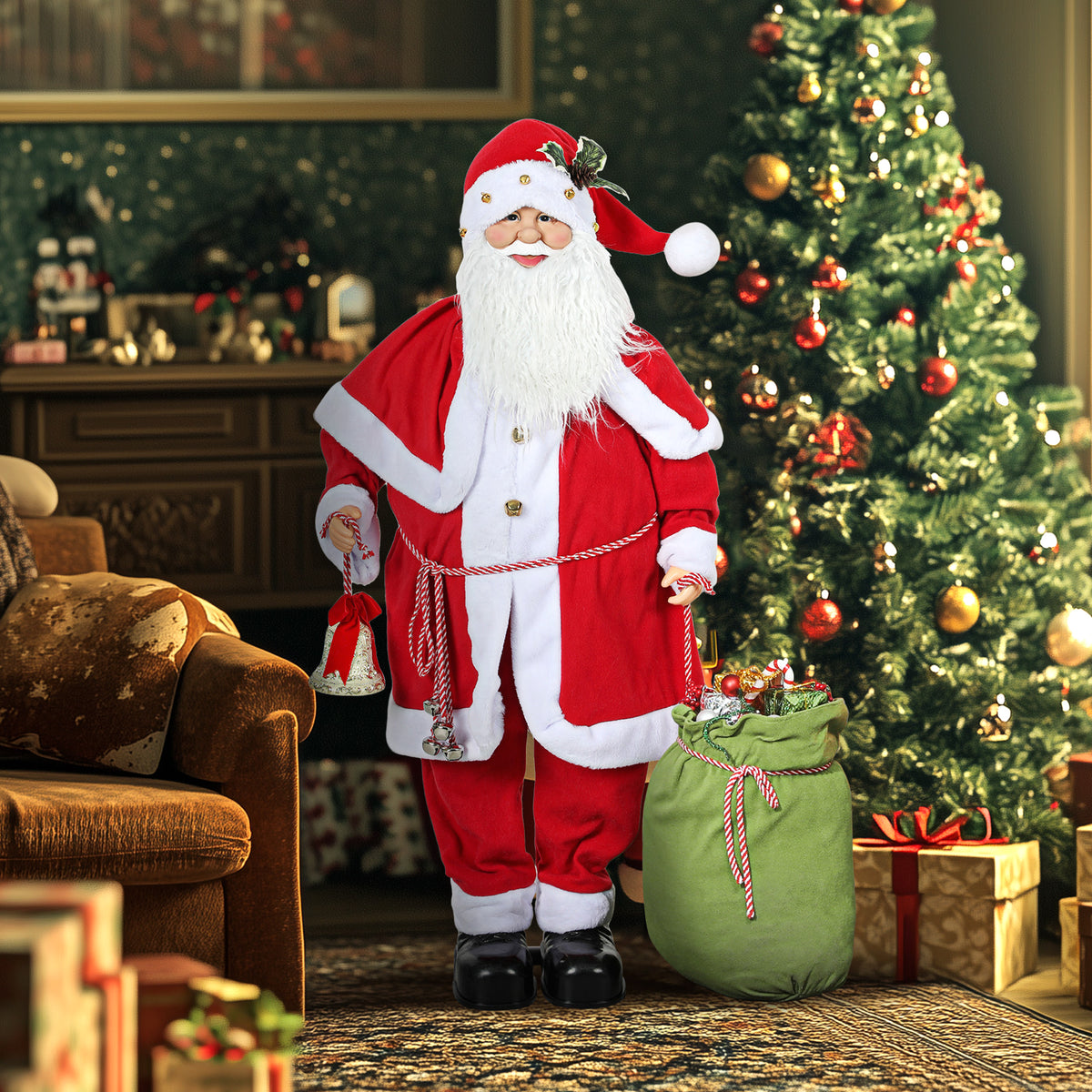 Figurine de Père Noël, Debout de Père Noël Rouge Traditionnelle 140 cm avec Sac de Cadeaux, Effets Sonores et Cloche-1