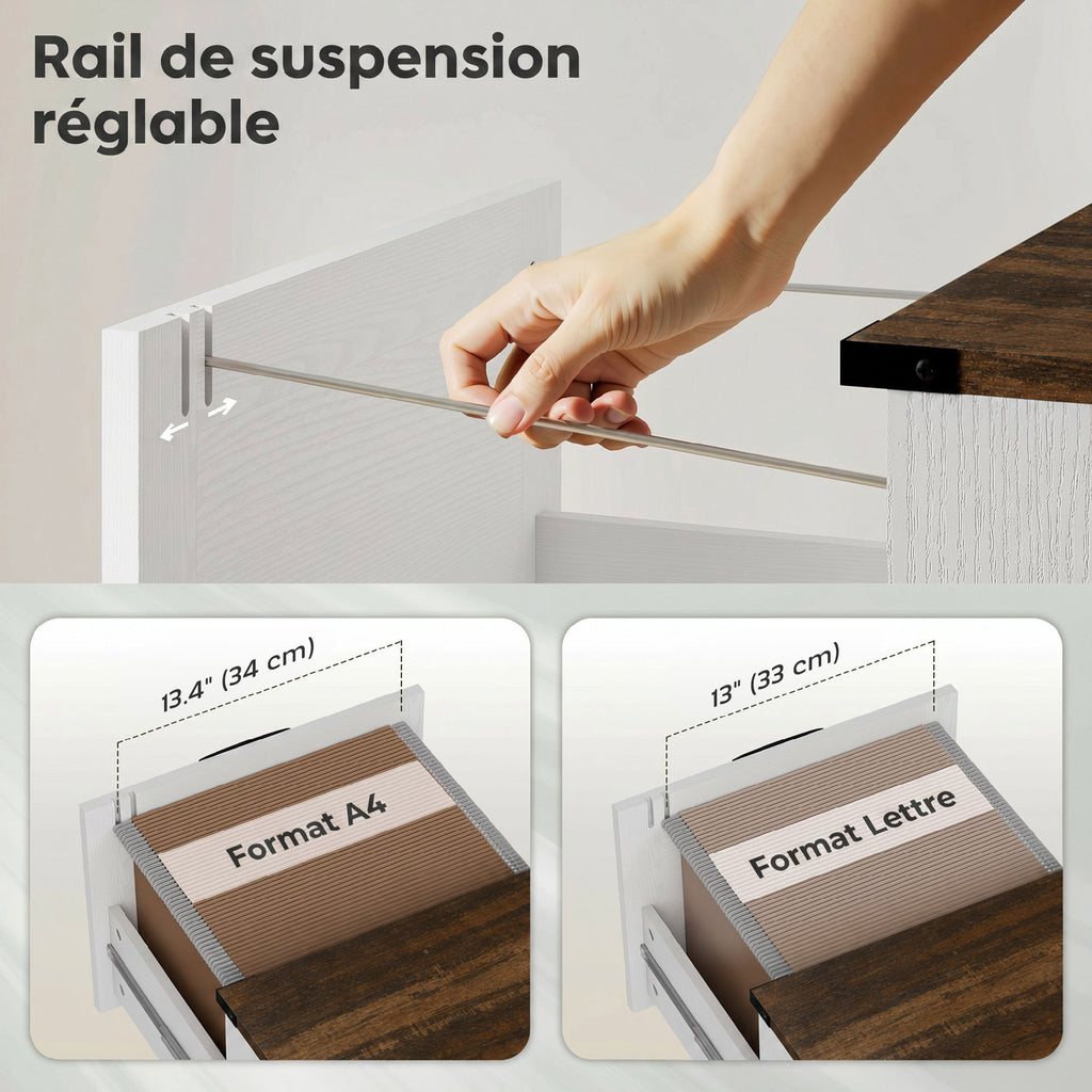 Caisson de Bureau avec 3 Tiroirs, Dossiers Suspendus pour Formats Lettre/A4, Style Rustique, 40x40x101cm, Blanc-5
