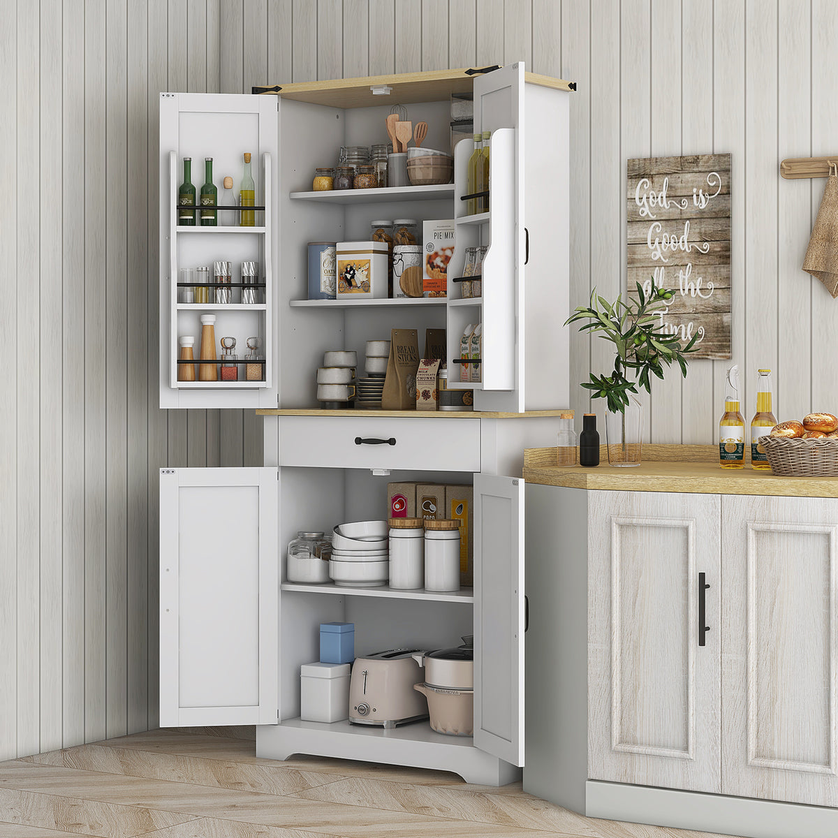 Armoire de cuisine buffet cuisine, 4 portes, 6 étagères à porte,1 tiroir et étagères réglables 76,5 x 40 x 181 cm blanc-1