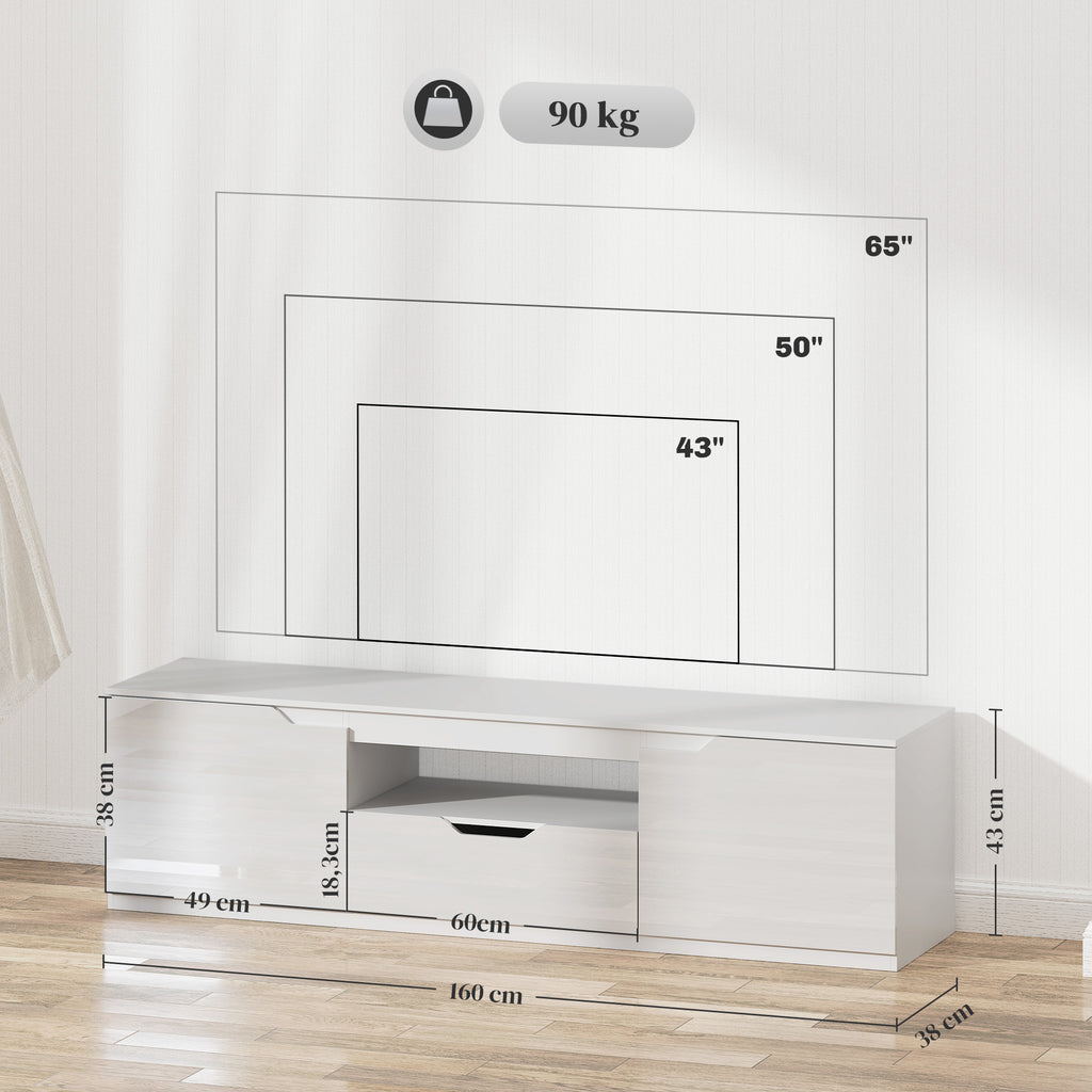 Meuble TV 160 cm, meuble télé pour téléviseur jusqu'à 65 pouces avec 2 portes et tiroir, blanc-2
