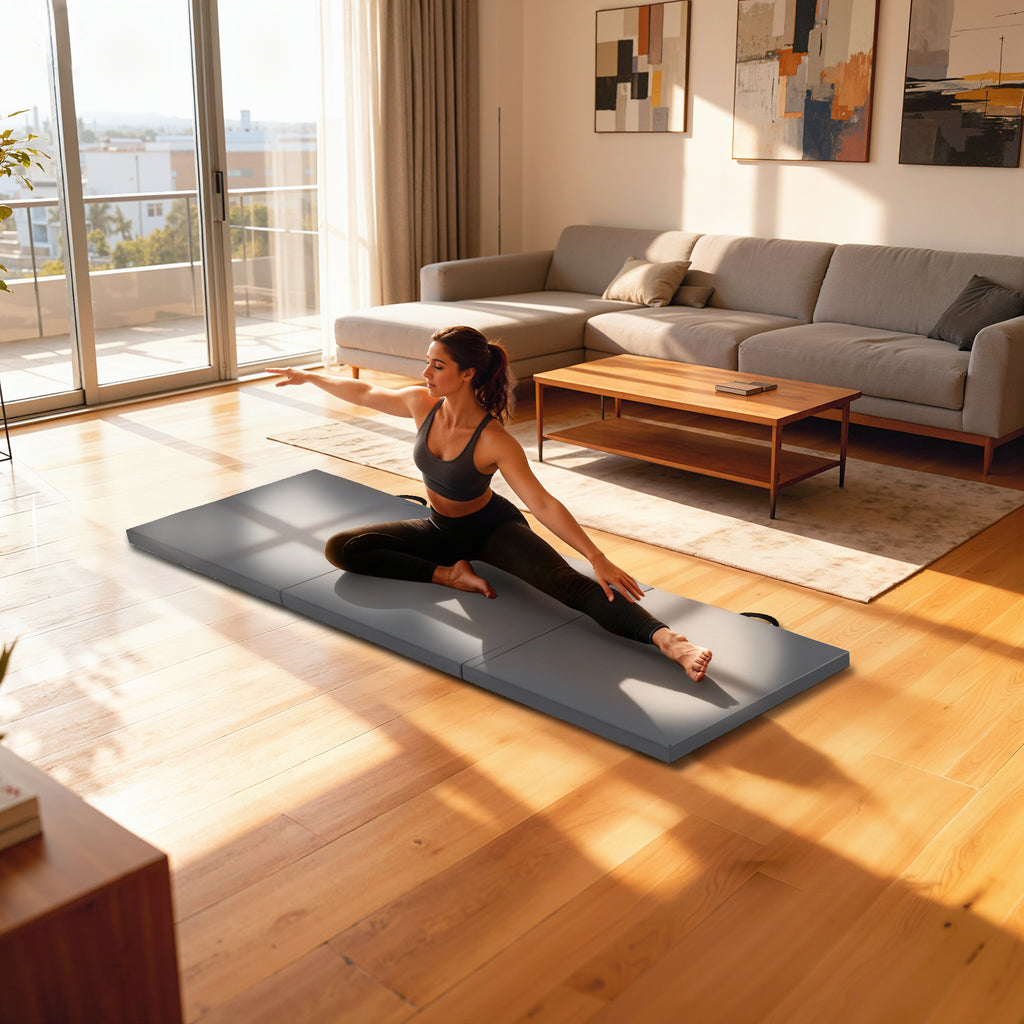 Tapis de gymnastique yoga pilates fitness pliable en 3 panneaux avec poignées revêtement synthétique 180 x 60 x 5cm gris-7