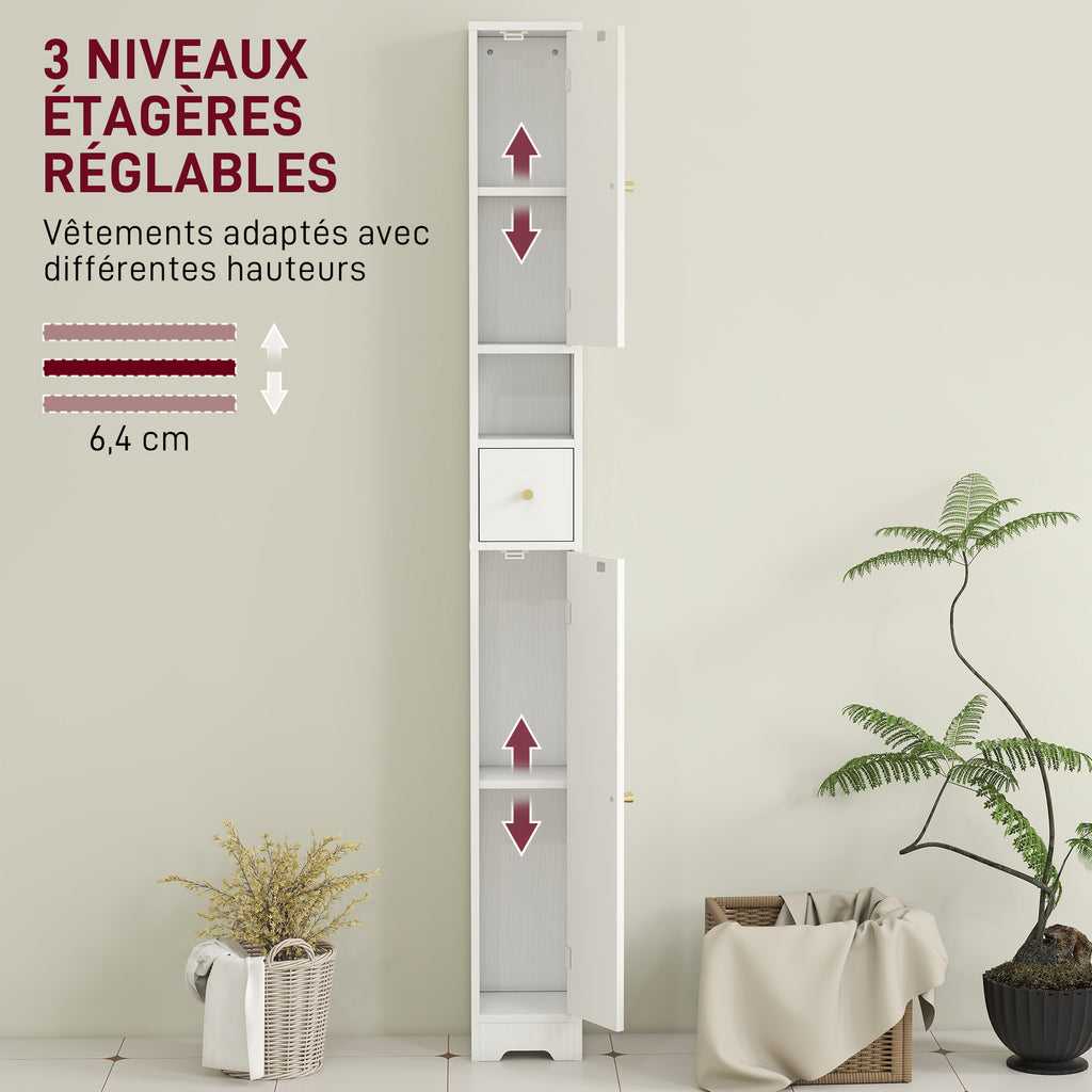 Meuble colonne salle de bain, meuble de rangement, 2 portes, tiroir, compartiment ouvert, étagère réglable, blanc-4