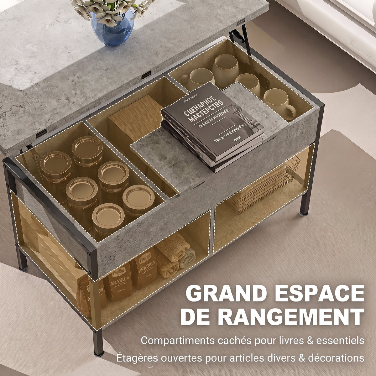 Table basse relevable et extensible, table de salon avec compartiment caché étagères ouvertes, 98x49x55cm, gris-4