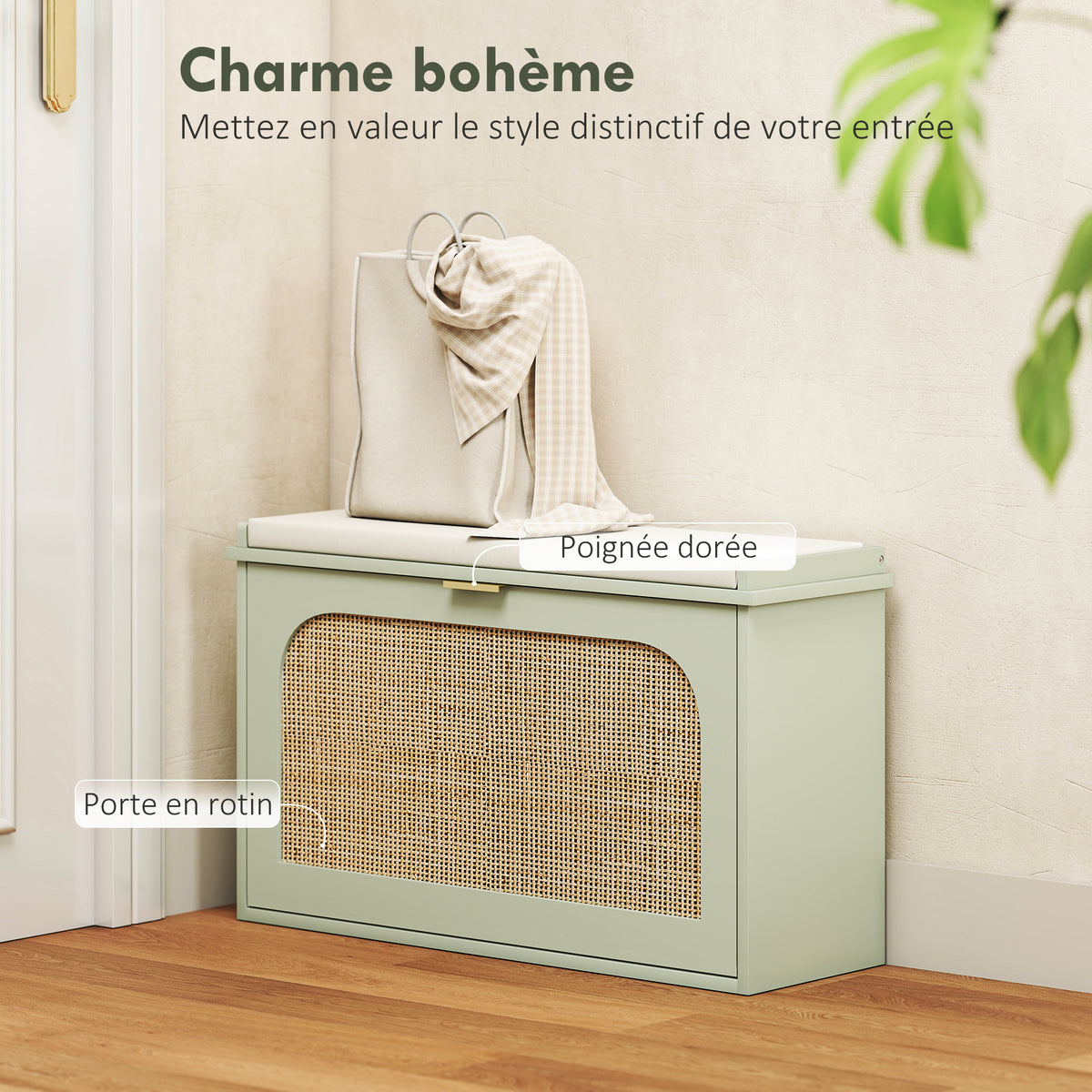 Banc à chaussures, banc de rangement, assise rembourrée, tiroir rabattable, porte en rotin, 80 x 26 x 47,5 cm, vert-3