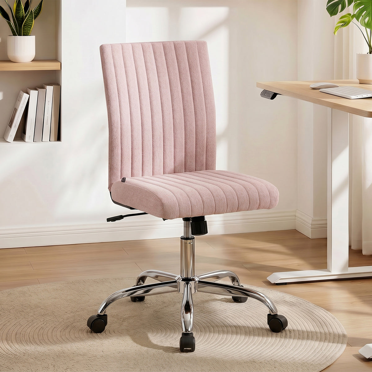 Chaise de bureau sans accoudoirs, fauteuil de bureau, hauteur réglable et pivotant 360°, 43 x 56 x 89-99 cm, rose-1