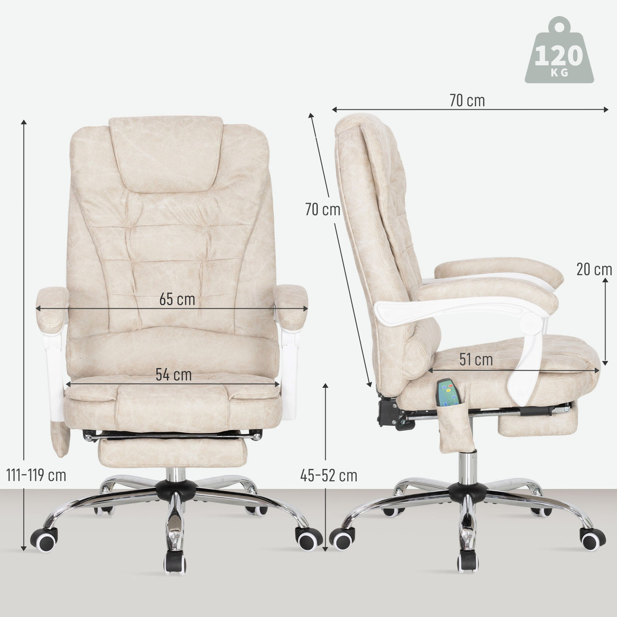 Fauteuil de bureau massant et chauffant, chaise de bureau, hauteur réglable, dossier inclinable, 65x70x111-119cm, crème-2