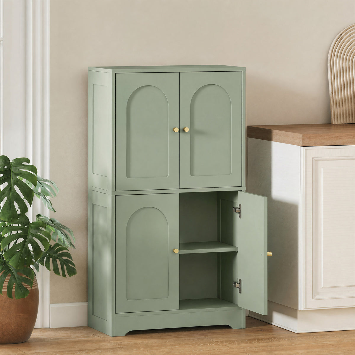Buffet cuisine, meuble cuisine rangement avec 4 portes cintrées et 2 étagères réglables, 60 x 30 x 110 cm, vert-1