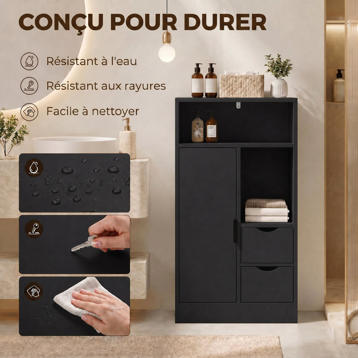 Meuble de salle de bain, meuble de rangement étroit avec 2 tiroirs, compartiments ouverts, 50x25x100cm, noir-6