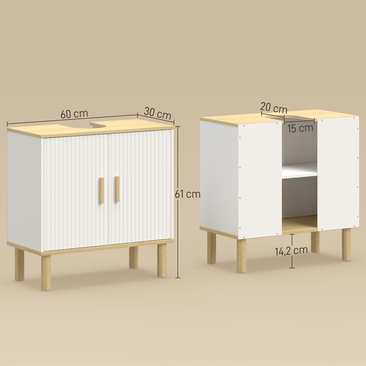 Meuble sous lavabo, meuble de salle de bain avec 2 portes et étagère réglable, 60 x 30 x 61 cm, blanc-2